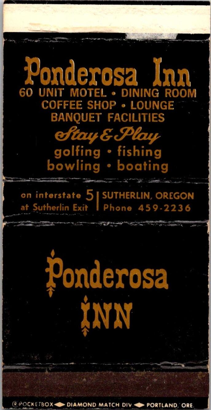 Ponderosa Inn Stay & Play Sutherlin OR Vintage Matchbook Matchbox SMM22-2